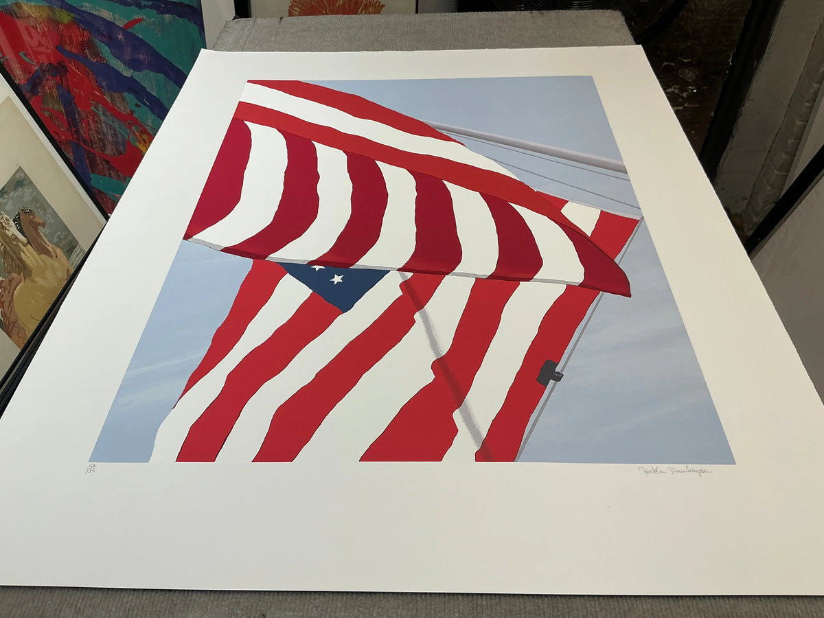 Gretchen Dow Simpson signed limited edition 1991 serigraph print featuring colorful flags, displayed on a wall.