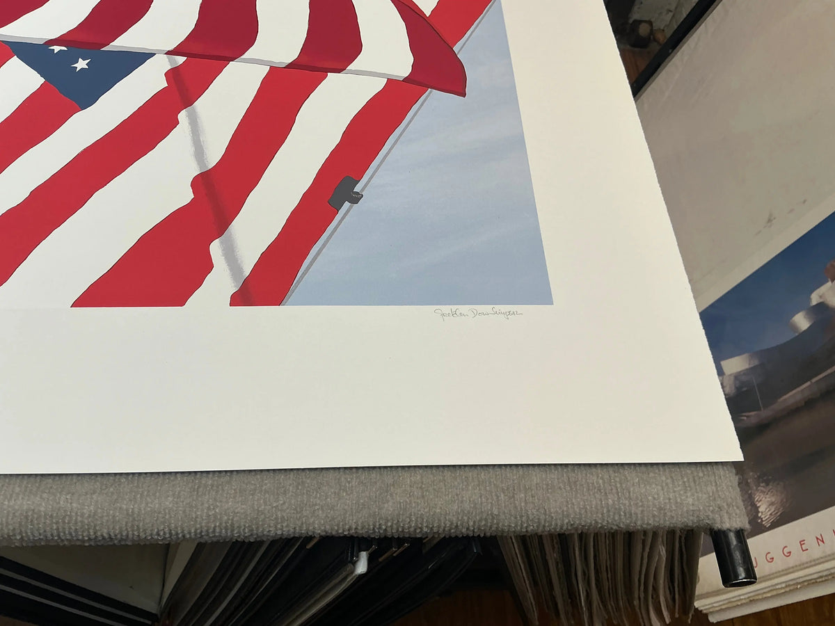Gretchen Dow Simpson Flags 1991 signed limited edition serigraph print featuring patriotic flag designs and vibrant colors.