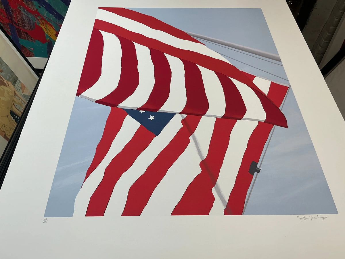 Gretchen Dow Simpson Flags 1991 signed limited edition serigraph print showcasing vibrant flags in an artistic composition.