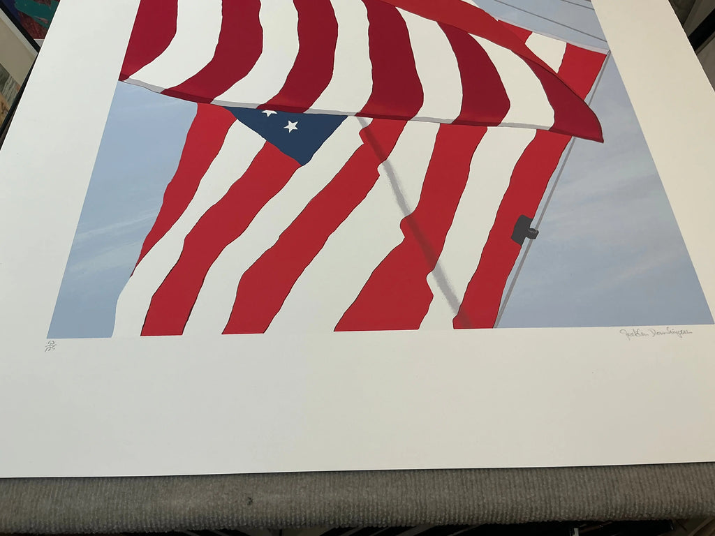 Gretchen Dow Simpson signed limited edition serigraph print featuring flags from 1991, showcasing vibrant colors and detailed design.