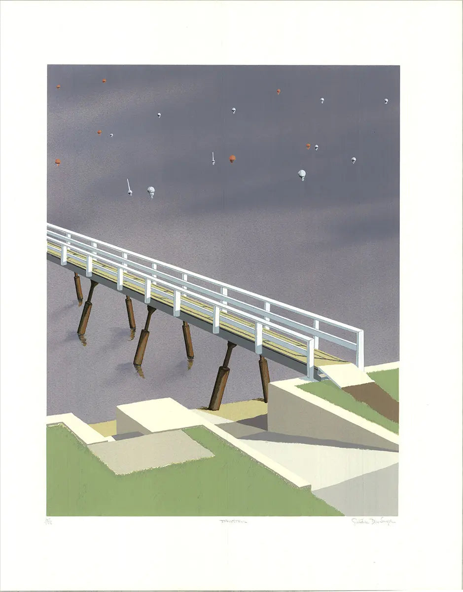 Limited edition signed serigraph by Gretchen Dow Simpson depicting Jamestown, Rhode Island, with vibrant coastal scenery.