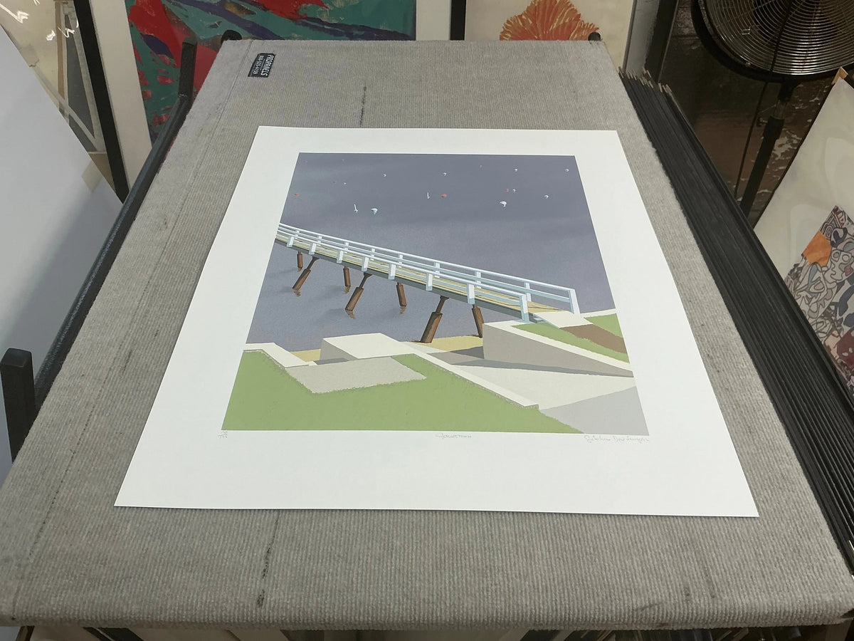 Gretchen Dow Simpson Jamestown Rhode Island signed limited edition serigraph artwork showcasing coastal scenery with vibrant colors.