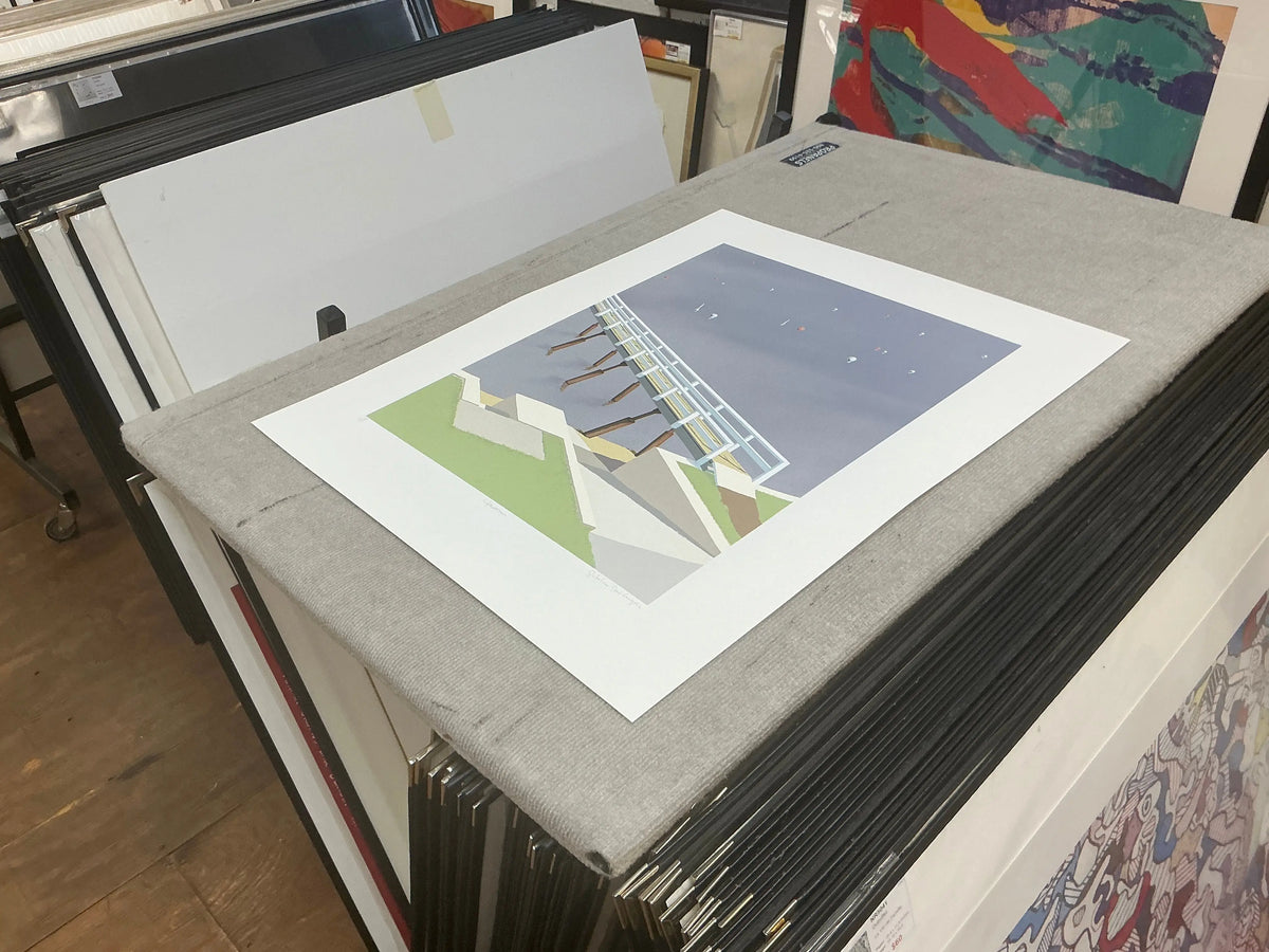 Gretchen Dow Simpson Jamestown Rhode Island signed limited edition serigraph artwork showing coastal scene and vibrant colors.