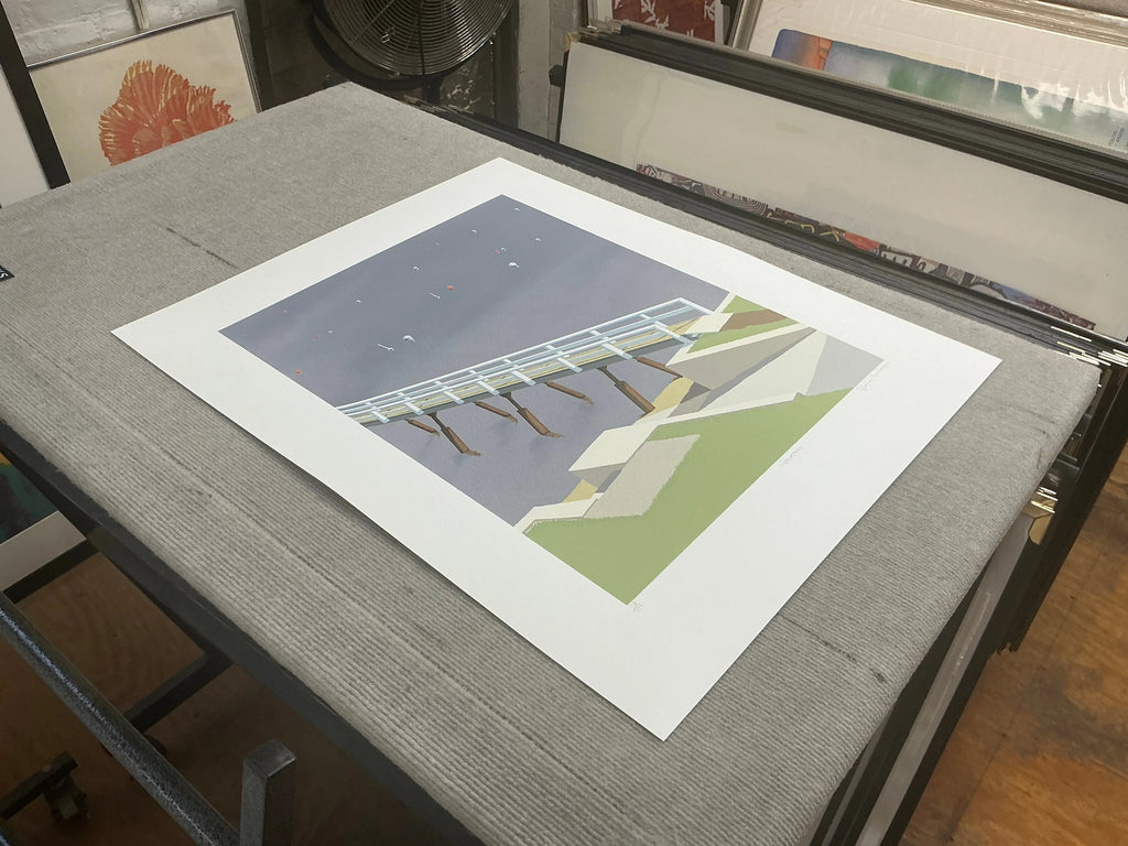 Gretchen Dow Simpson signed limited edition serigraph of Jamestown, Rhode Island with vibrant coastal scenery and detailed artwork.