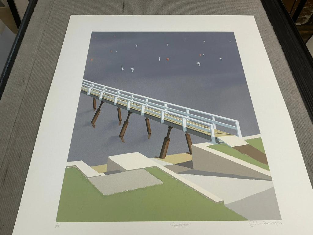 Limited edition signed serigraph by Gretchen Dow Simpson depicting Jamestown, Rhode Island, featuring vibrant colors and detailed scenery.