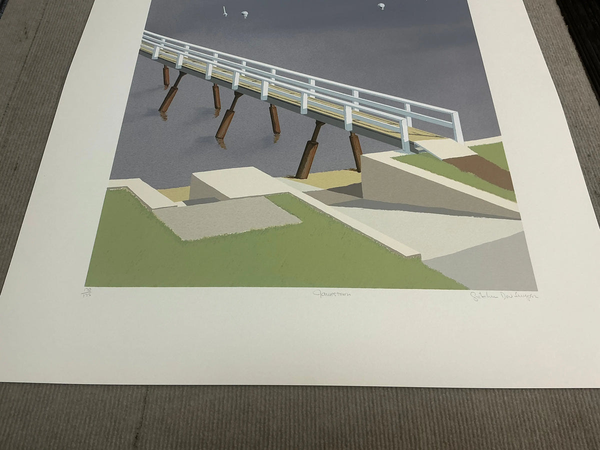 Gretchen Dow Simpson Jamestown Rhode Island signed limited edition serigraph artwork with vibrant colors and detailed coastal scene.