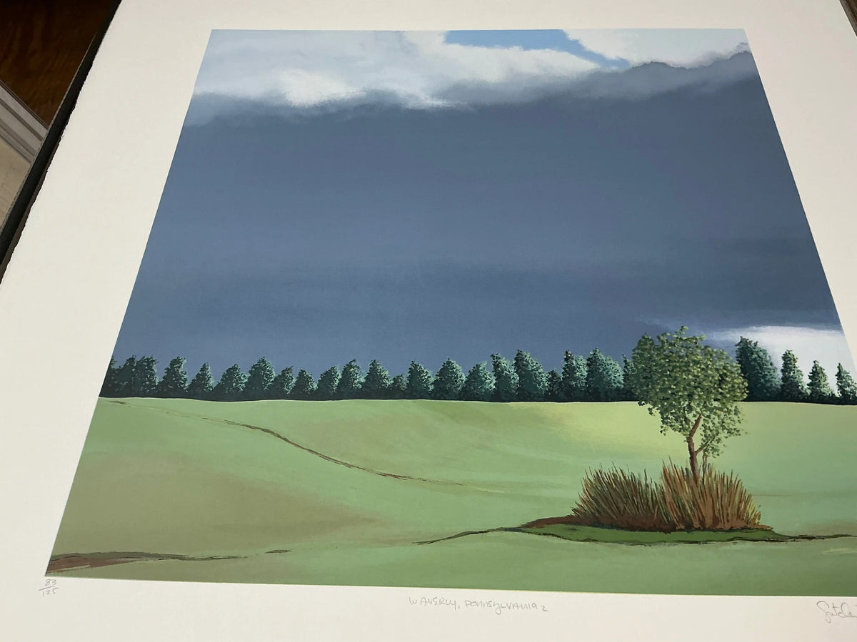 Limited edition Gretchen Dow Simpson Waverly Pennsylvania signed serigraph print showing detailed landscape scene with vibrant colors.