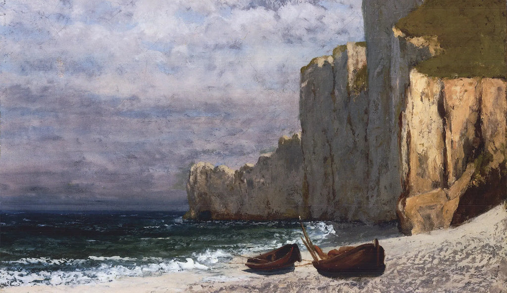 Gustave Courbet art poster print of A Bay with Cliffs, showcasing a landscape with cliffs and water in natural tones