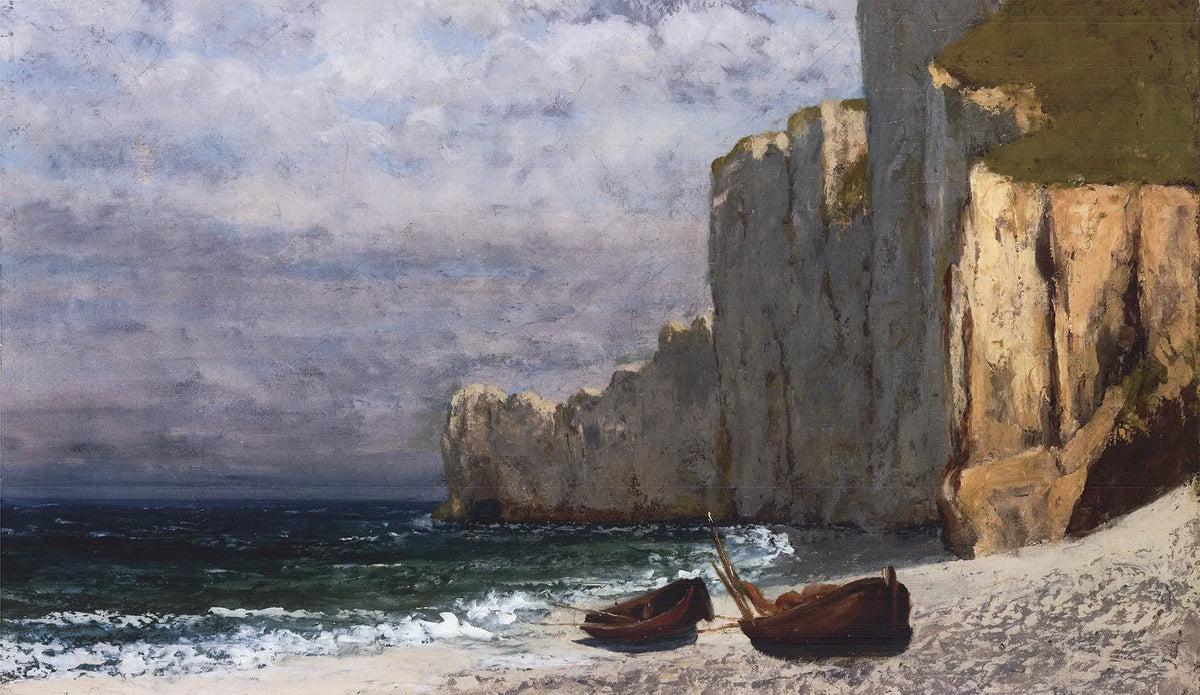 Gustave Courbet art poster print of A Bay with Cliffs, showcasing a landscape with cliffs and water in natural tones