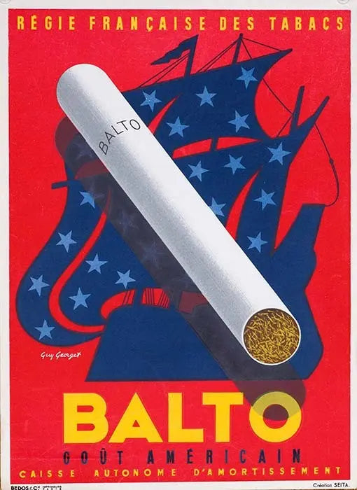Original 1950 Balto Cigarettes French lithograph poster by Guy Georget featuring vintage artwork of Balto.