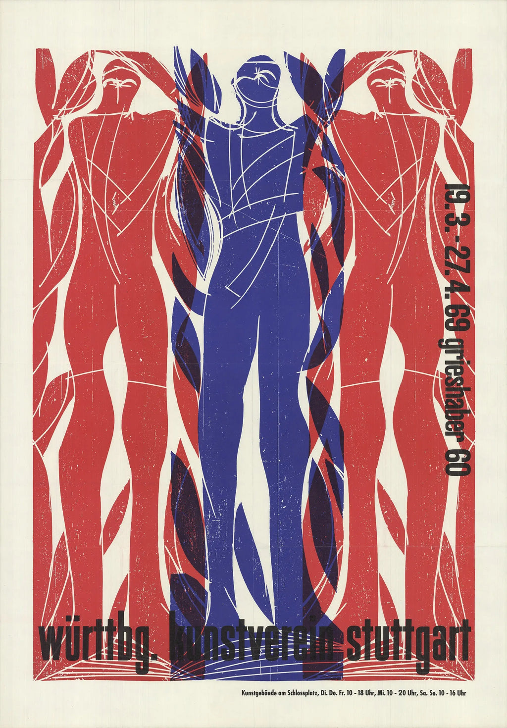 Original Hap Grieshaber lithograph poster for Württemberg Art Association Stuttgart from 1969, featuring abstract art and vibrant colors.
