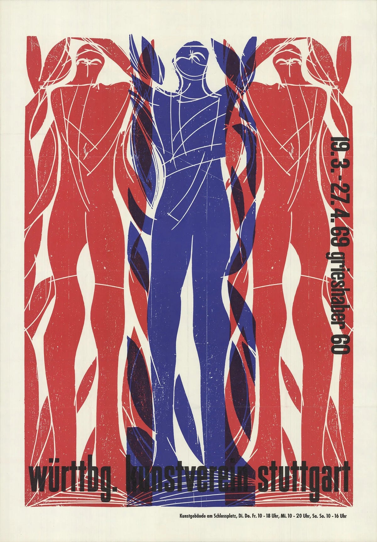 Original Hap Grieshaber lithograph poster for Württemberg Art Association Stuttgart from 1969, featuring abstract art and vibrant colors.