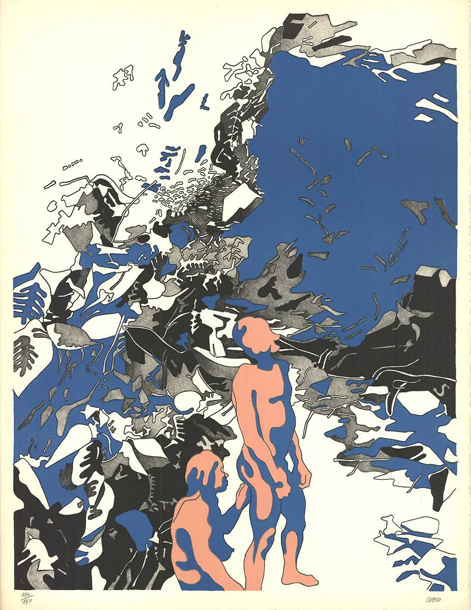 Signed Henri Cueco untitled limited edition original color lithograph print showcasing vibrant abstract artwork.