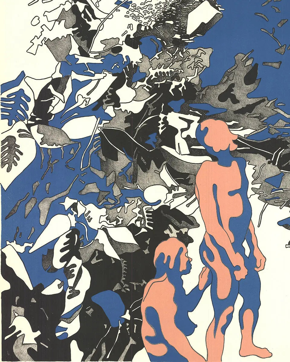Henri Cueco signed limited edition original color lithograph print titled "Untitled" featuring abstract artwork on paper.