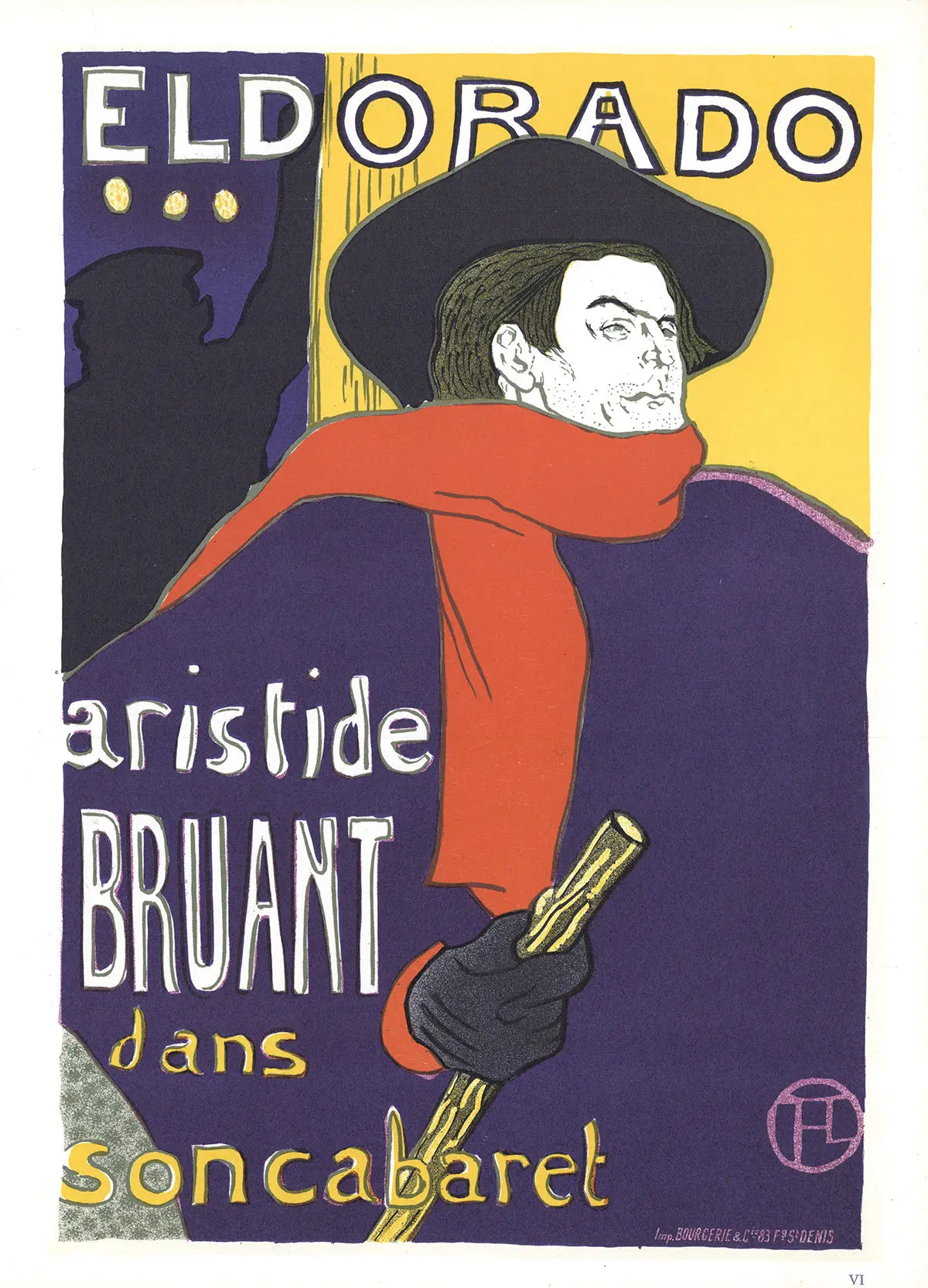 Henri de Toulouse-Lautrec Aristide Bruant Eldorado 1966 lithograph poster showing a singer in a cabaret setting