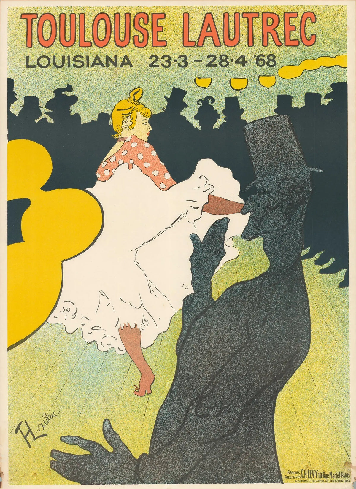 Vintage lithograph poster by Henri de Toulouse-Lautrec featuring Moulin Rouge scene from 1968 exhibition, with bold colors and dynamic figures.