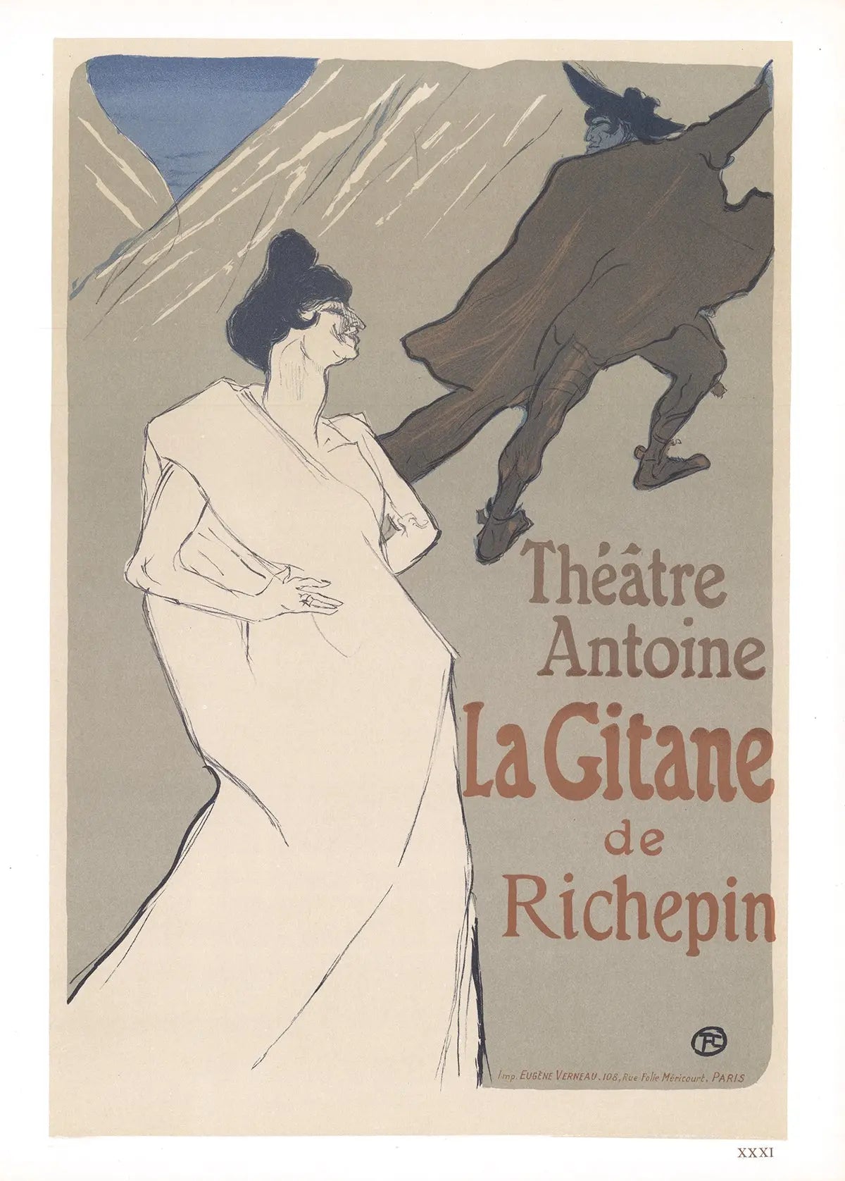 Vintage Henri de Toulouse-Lautrec lithograph titled La Gitane de Richepin, created in 1966, featuring a colorful portrait.