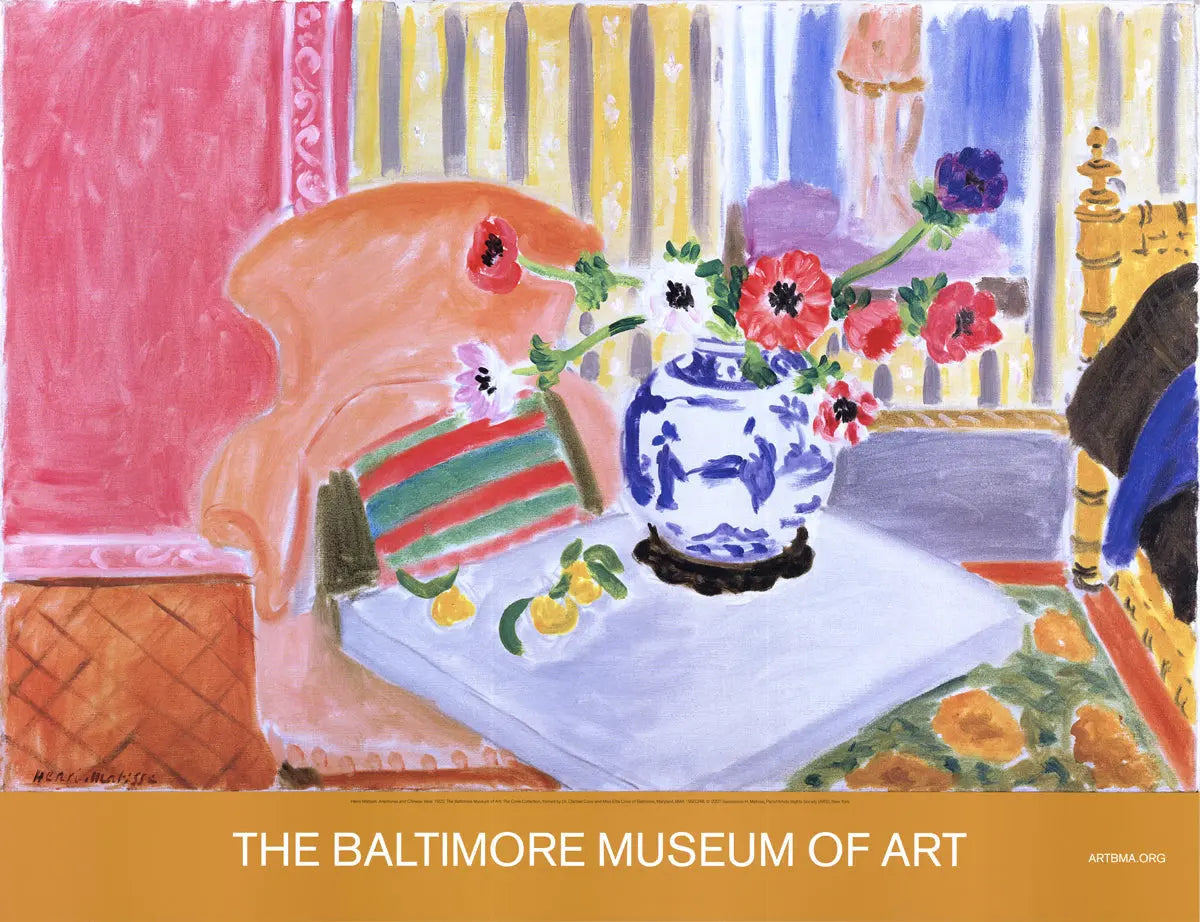 Henri Matisse Anemones and Chinese Vase offset lithograph art print, vibrant floral and vase design in a framed wall decor piece.