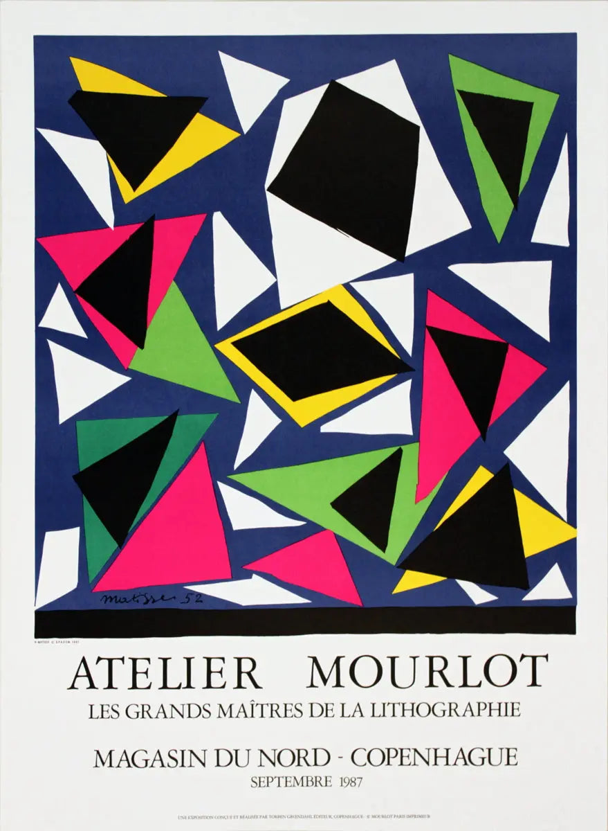 Henri Matisse Centennial Exhibition lithograph of L'Escargot Papiers Decoupes print showcasing vibrant paper cut-out art.