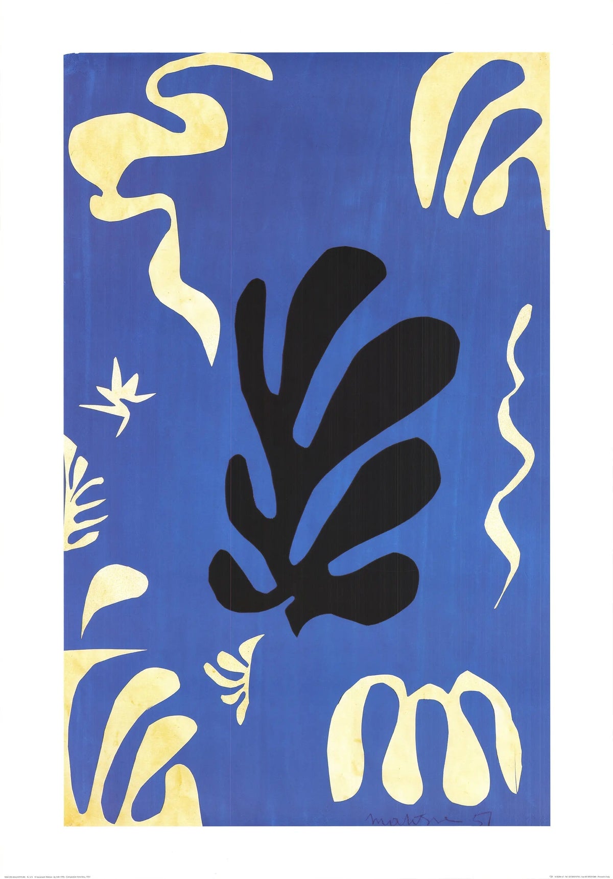 Large Henri Matisse blue background lithograph art poster from 1996, featuring abstract composition and bold colors.