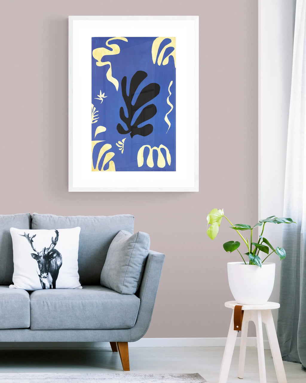 Large Henri Matisse Composition Fond Bleu 1996 offset lithograph art poster featuring vibrant blue abstract shapes and bold design.