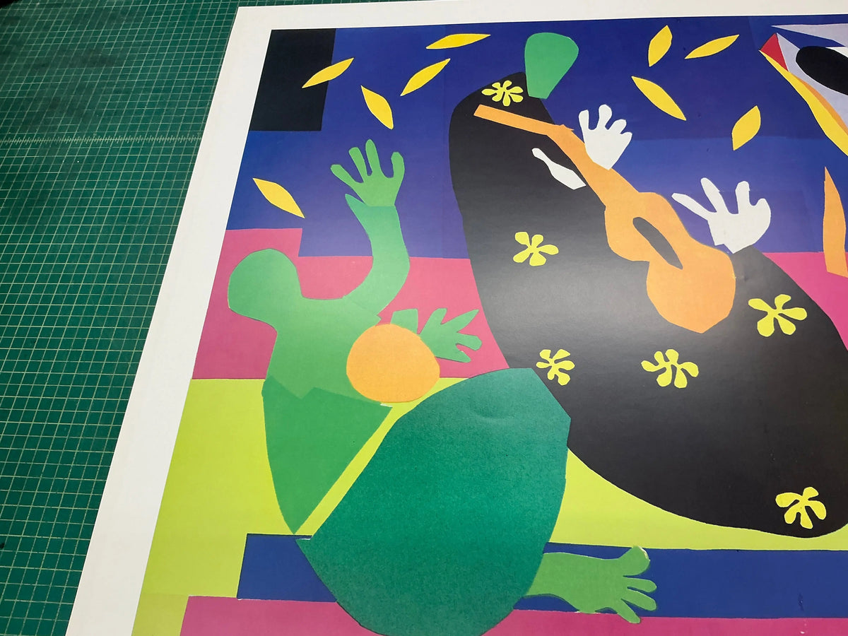 Henri Matisse La Tristesse du Roi 1990 offset lithograph art poster showing bold colors and abstract shapes.