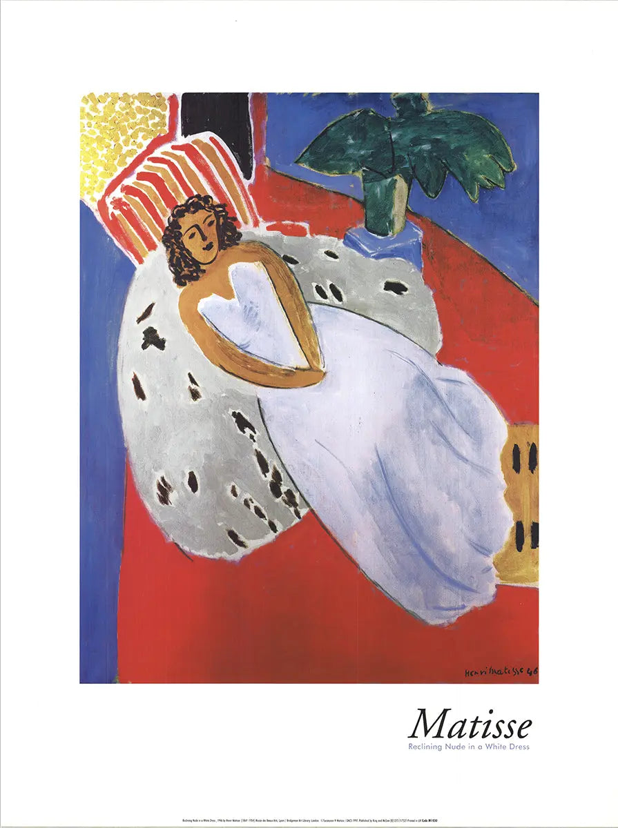 Henri Matisse reclining nude art poster featuring a figure in a white dress, 1997, showcasing Matisse's signature style and vibrant colors.