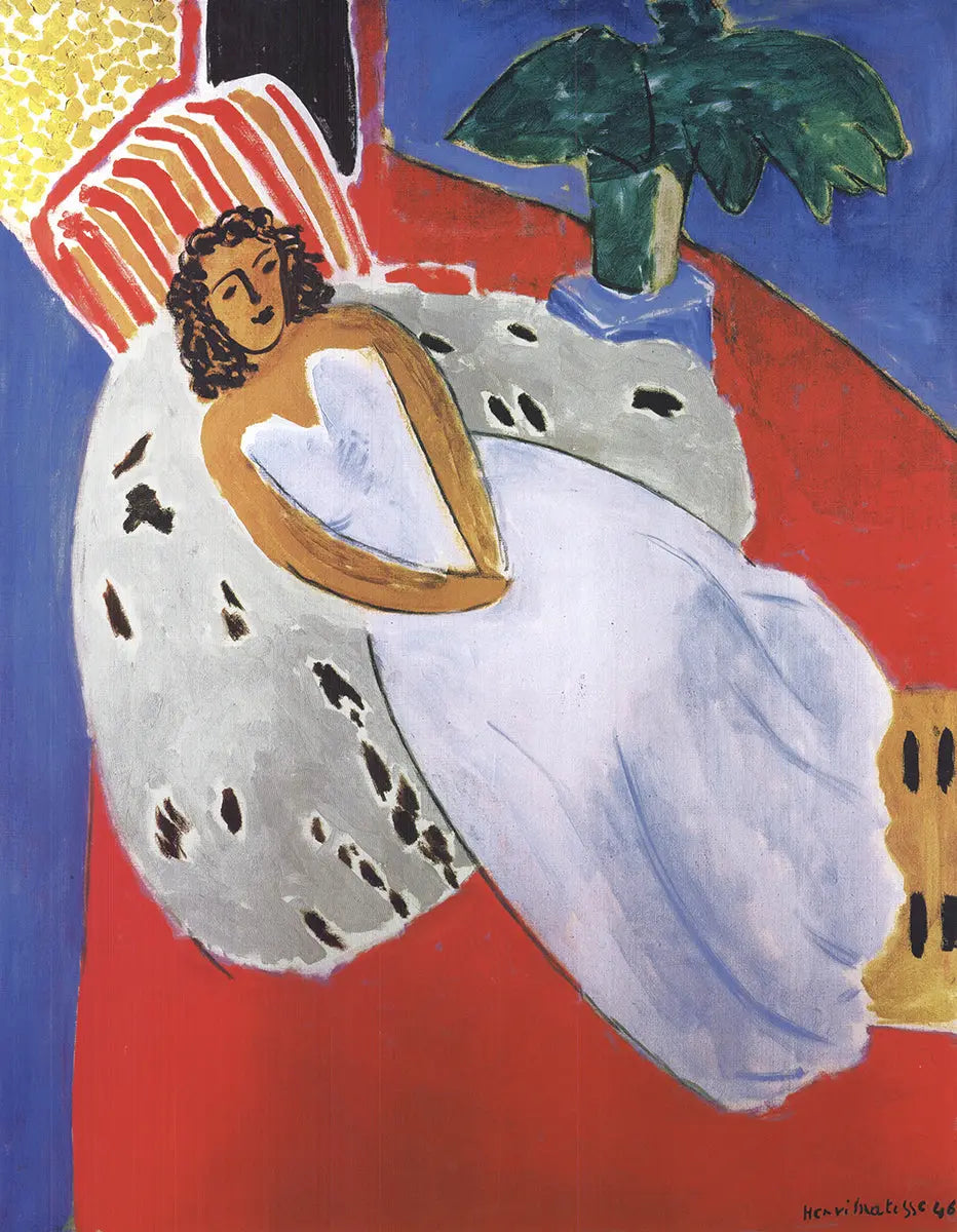 Henri Matisse reclining nude art poster featuring a woman in a white dress, created in 1997, displayed on a wall.