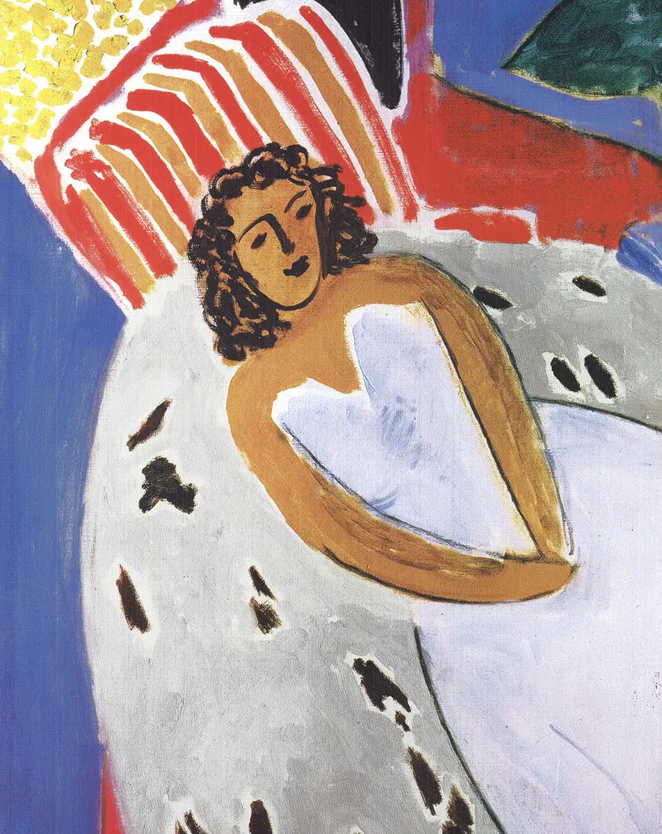 Henri Matisse reclining nude in white dress art poster from 1997 featuring bold colors and abstract shapes in a classic art style.