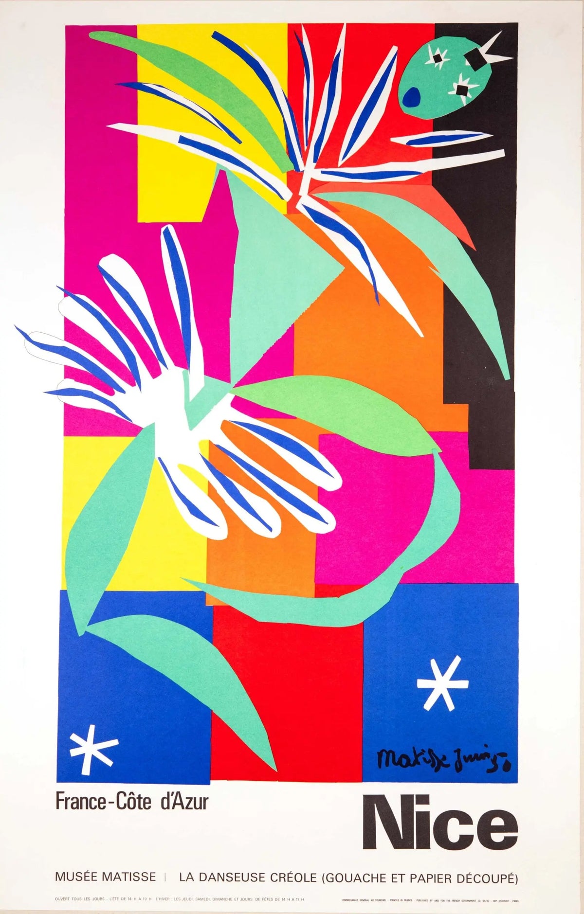 Vintage Henri Matisse La Danseuse Creole 1965 lithograph featuring a colorful dancer in a dynamic pose, from the Nice exhibition.