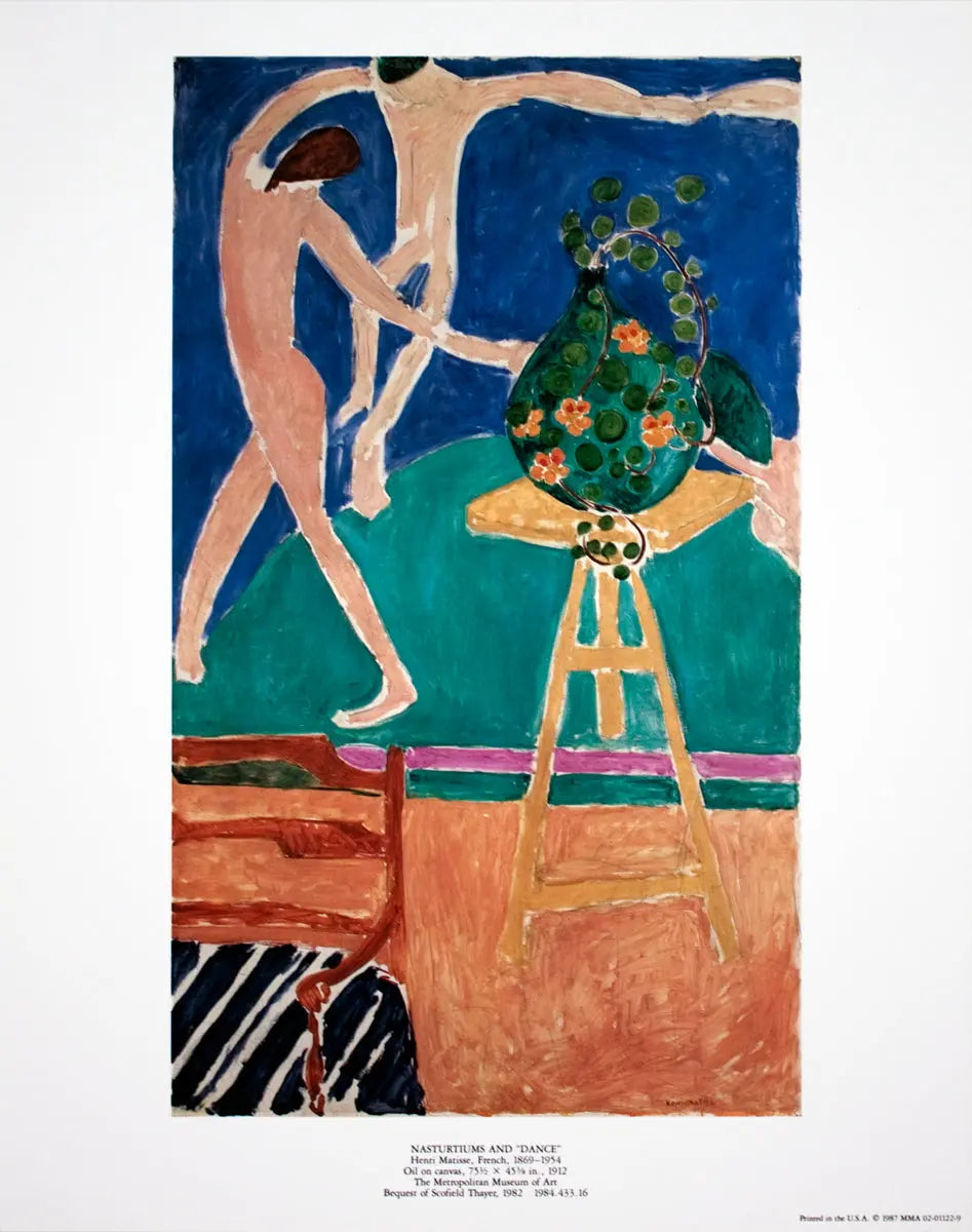 Original Henri Matisse lithograph poster featuring Nasturtiums and Dance from 1987, showcasing vibrant floral and dance motifs.