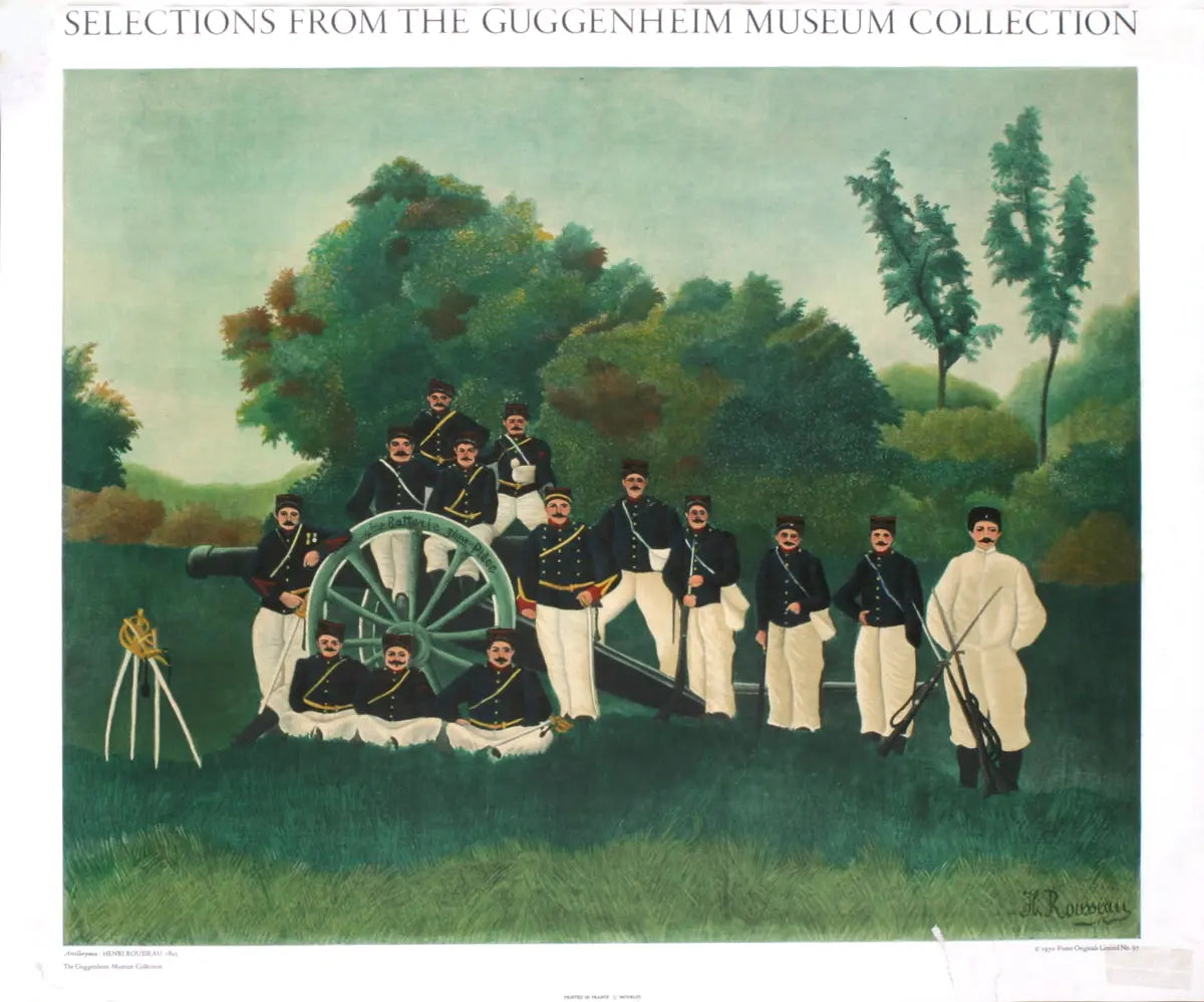 Vintage lithograph poster of Henri Rousseau's Artillerymen artwork, featuring detailed military figures and vibrant colors.