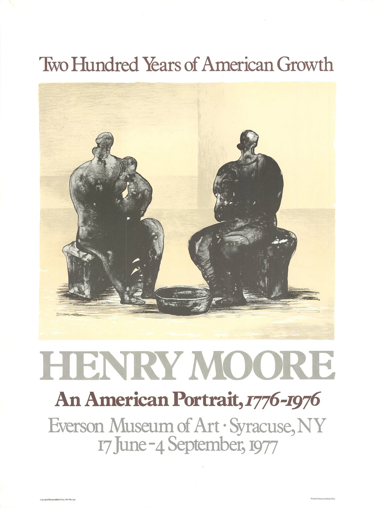 Henry Moore lithograph poster titled "200 Years of American Growth" from 1975, featuring abstract artistic design and bold imagery.