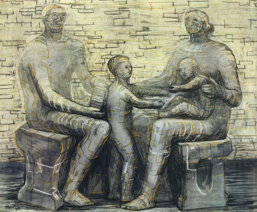 Henry Moore Family Group 1992 lithograph exhibition art poster print featuring a detailed sculpture scene in shades of gray