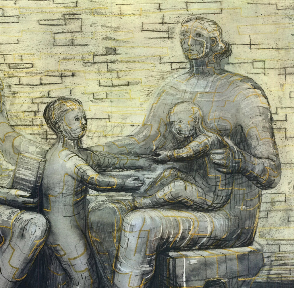 Henry Moore Family Group 1992 lithograph art poster print showcasing a sculptural family scene by Henry Moore.
