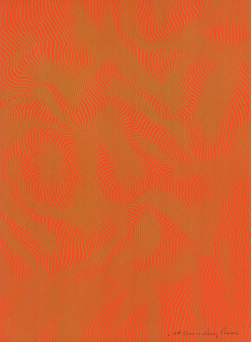 Henry Pearson signed Nue Orange 1975 abstract serigraph art print showing vibrant orange and geometric shapes on textured paper.