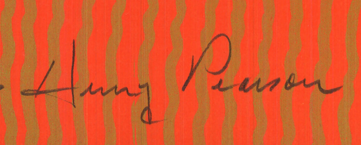 Henry Pearson signed Nue Orange 1975 abstract serigraph art print with bold orange and geometric shapes.