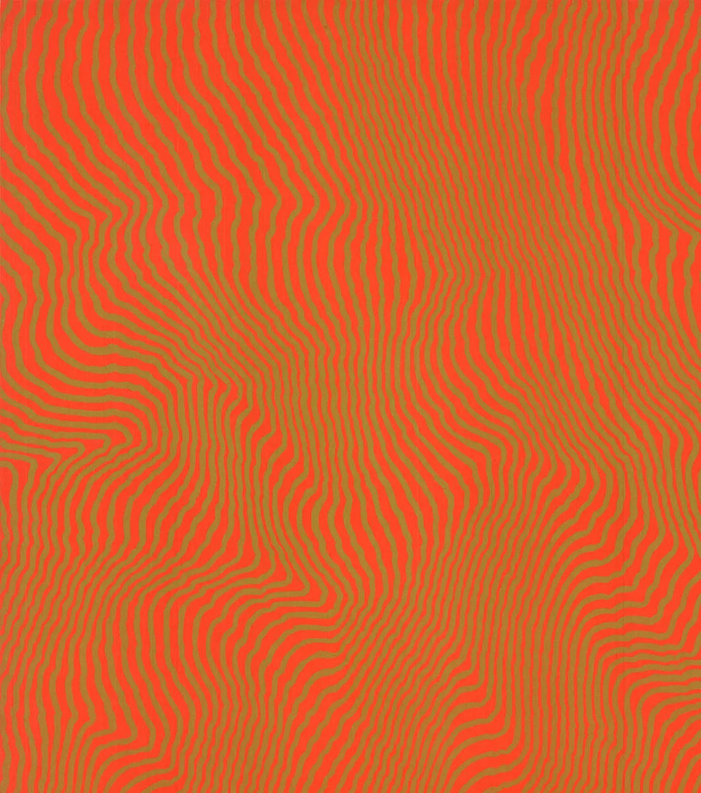 Signed Henry Pearson Nue Orange 1975 abstract serigraph art print showcasing vibrant orange and textured geometric shapes.
