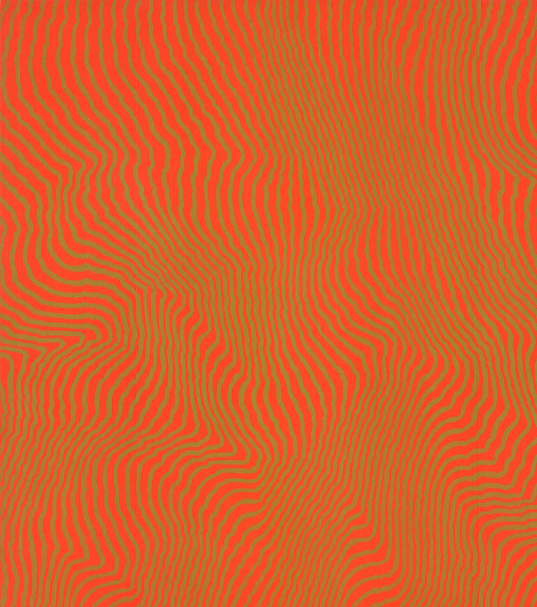 Signed Henry Pearson Nue Orange 1975 abstract serigraph art print showcasing vibrant orange and textured geometric shapes.