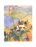 Herman Hesse Village Above the Lake offset lithograph art poster showing a serene lakeside village scene with trees and mountains.