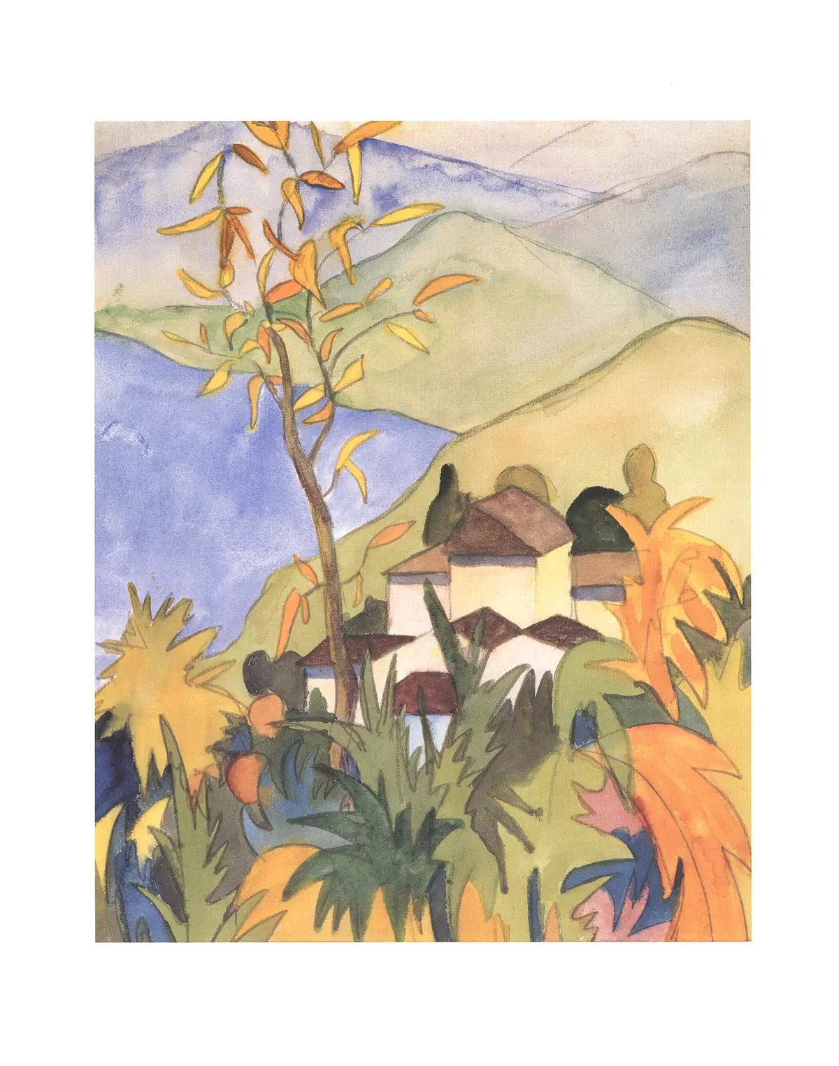 Herman Hesse Village Above the Lake offset lithograph art poster showing a serene lakeside village scene with trees and mountains.