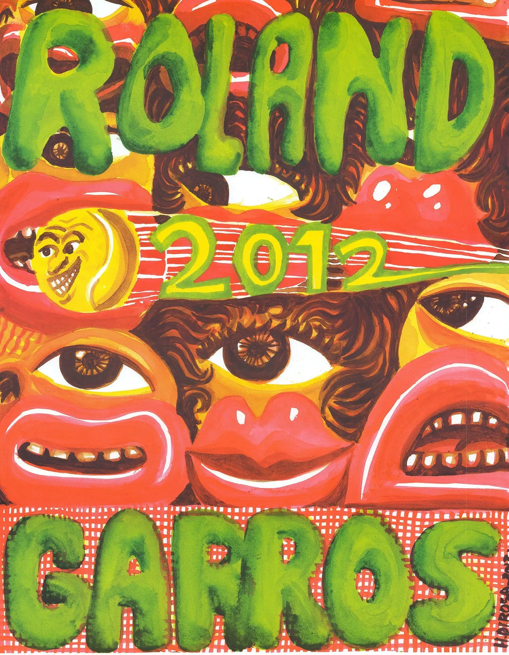 Original Hervé Di Rosa lithograph poster of Roland Garros 2012 French Open, featuring vibrant artwork and bold design.