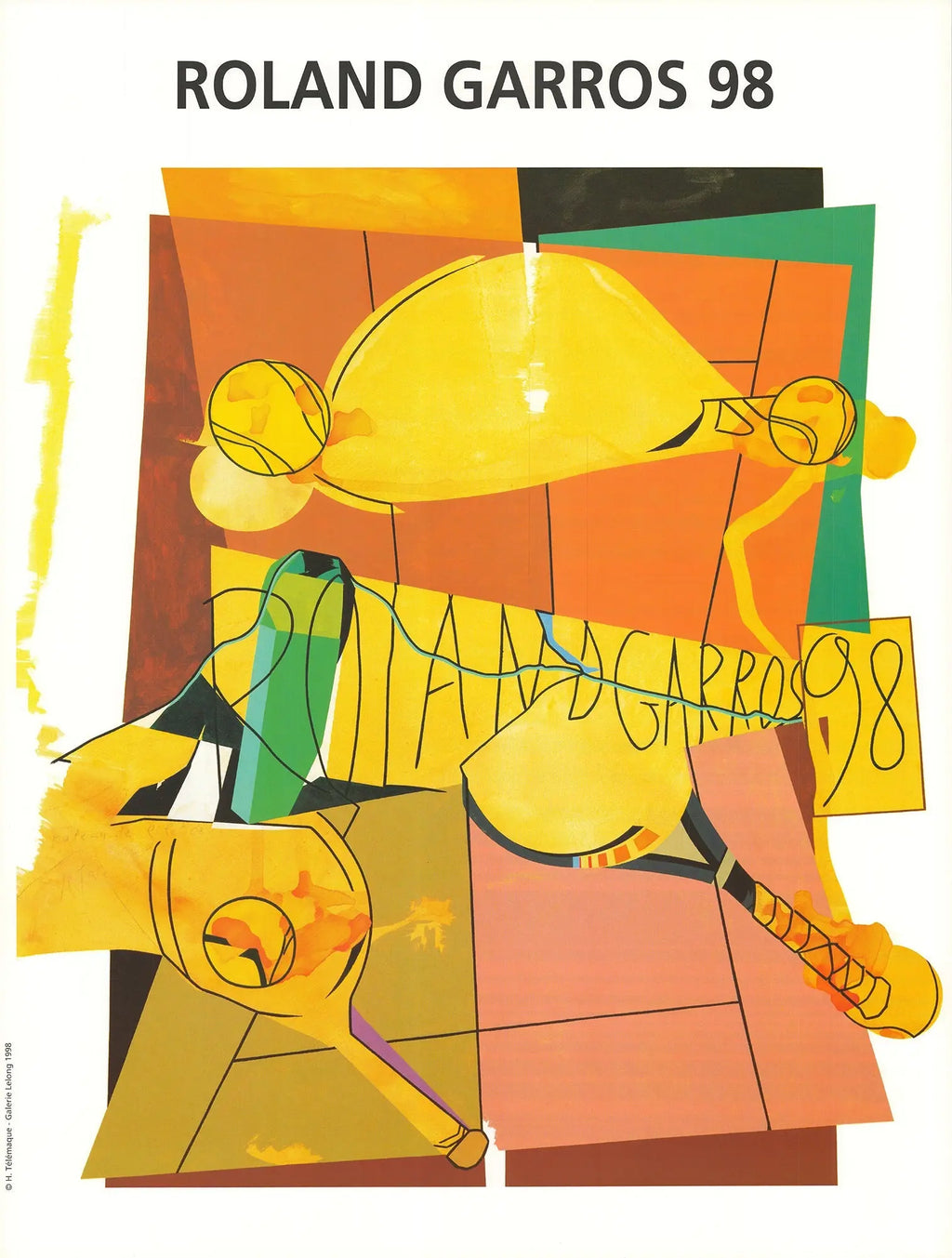 Original Hervé Télémaque Roland Garros 1998 French Open offset lithograph poster showcasing colorful artwork and tennis theme.