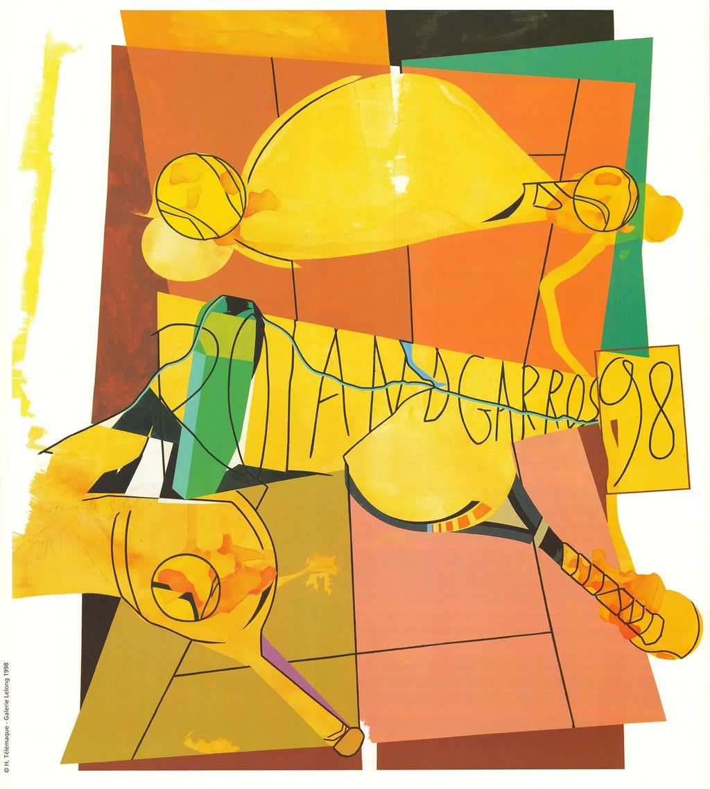 Original Hervé Télémaque French Open 1998 offset lithograph poster featuring Roland Garros tennis imagery.