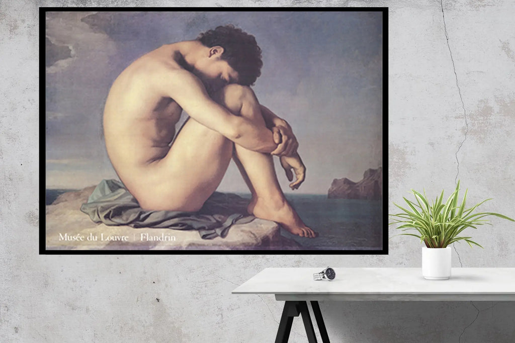 Hippolyte Flandrin portrait by the sea 1989 Louvre exhibition poster featuring a classical painting of a man by the shoreline.