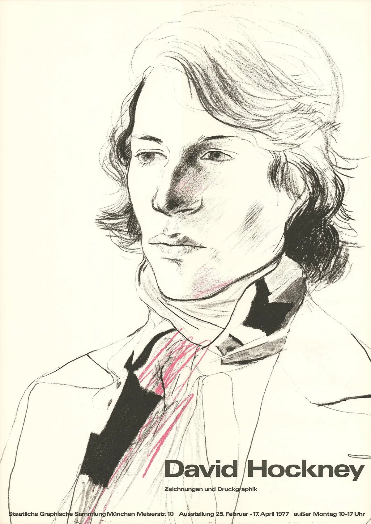 Vintage David Hockney exhibition poster print featuring Peter with a scarf, 1977, showcasing vibrant artwork and bold colors.