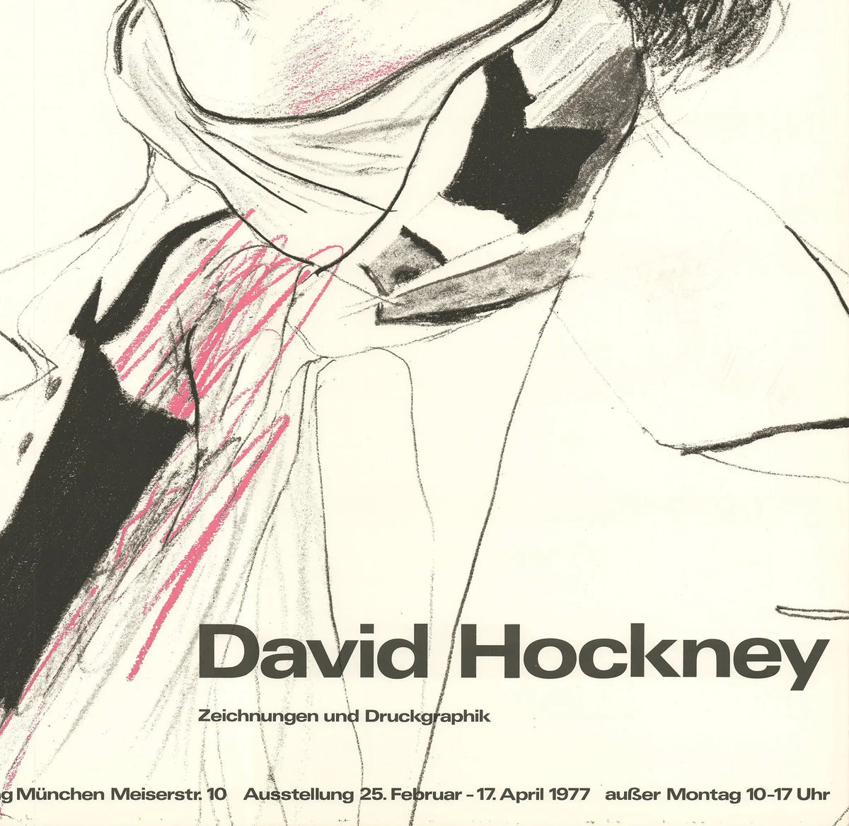 Vintage David Hockney exhibition poster print featuring Peter with a scarf, from 1977, showcasing Hockney's distinctive artistic style.