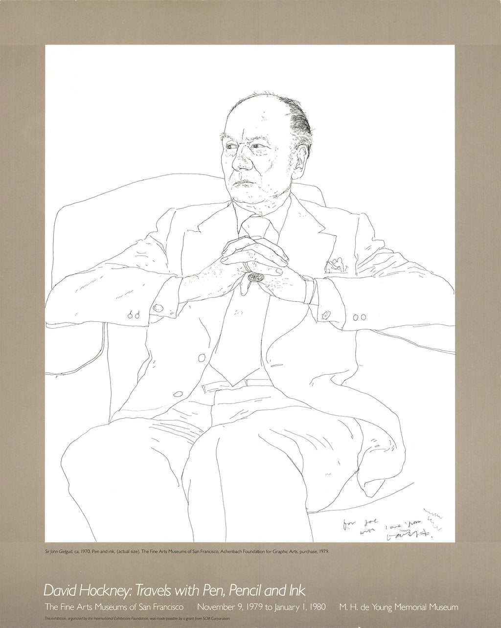 David Hockney lithograph poster of Sir John Gielgud portrait from 1979 artwork, featuring vibrant colors and detailed portrait.