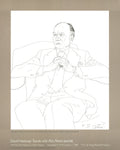 David Hockney lithograph poster of Sir John Gielgud portrait from 1979 artwork, featuring vibrant colors and detailed portrait.