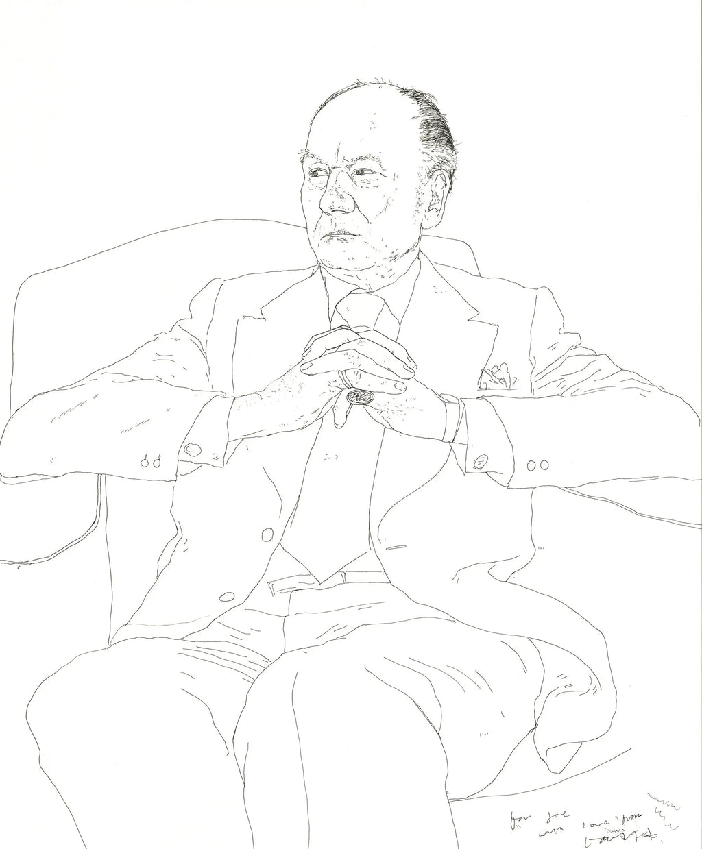 David Hockney lithograph poster of Sir John Gielgud, 1979 portrait artwork, featuring vibrant colors and detailed facial features.